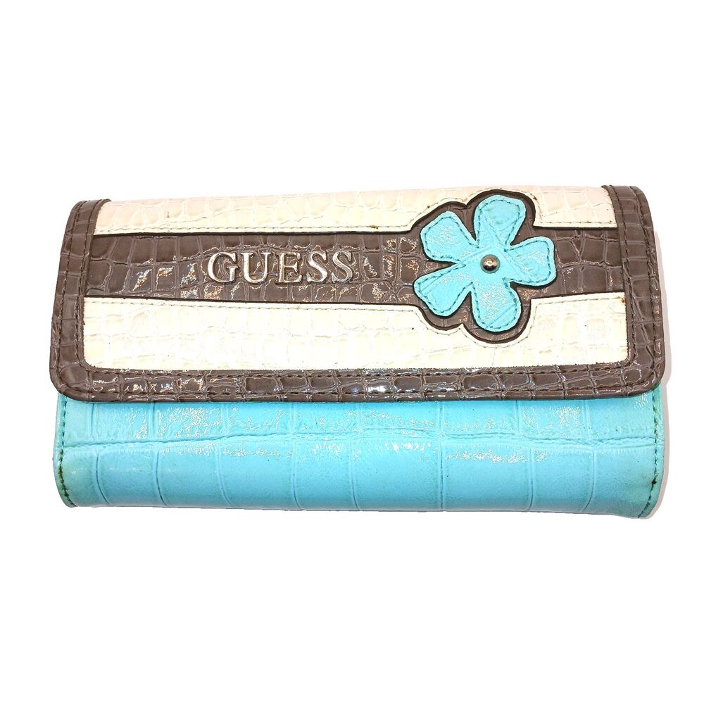 GUESS Turquoise Blue Folding Wallet Clutch Flower Outside Zipper & Credit Card